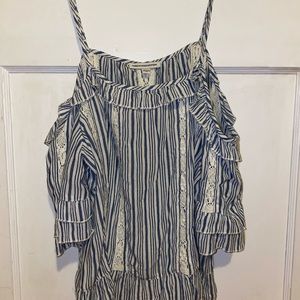 pinstriped with lace off the shoulder aeo top
